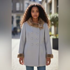 Anthropologie Grey French Girl Pea Coat With Satin & Faux Fur Trim Size 8